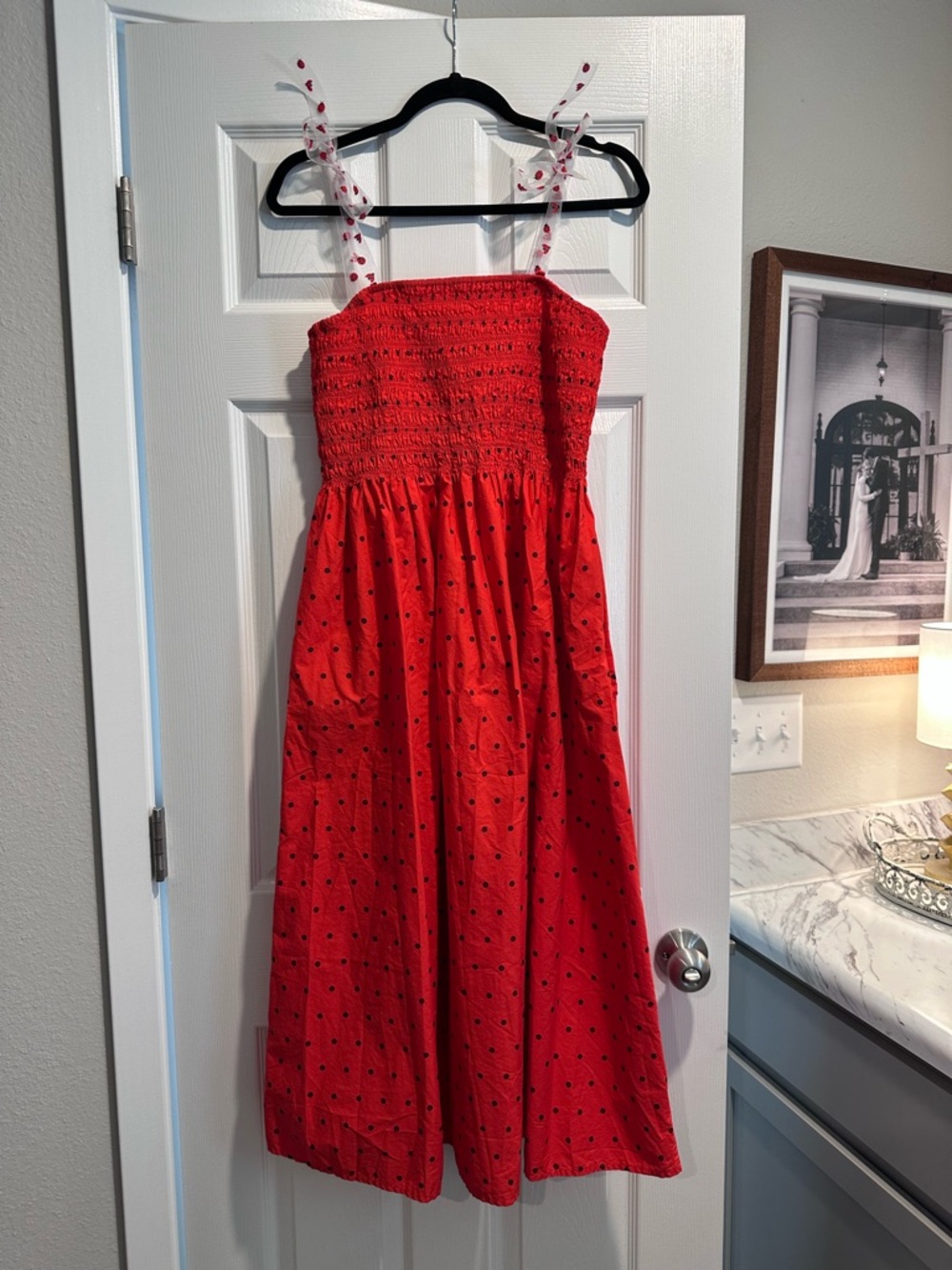 Red Polka Dot Smocked Midi Sundress with Ladybug Straps